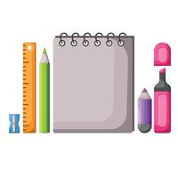 A set of illustrations consisting of a ruler, a wooden pencil, a notebook, a marker and a pencil sharpener. Elements of tools for the artist. vector