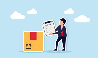 Businessman holding a to do list board beside a package box illustration of standard operating procedure in logistics business vector