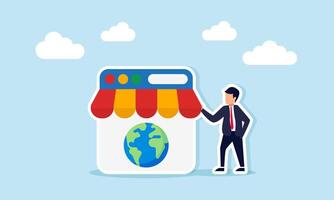 Businessman standing beside an app interface adorned with a canopy and globe emblem, illustrating a global-scale marketplace vector