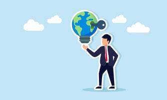 Businessman holding a light bulb with a globe and keyhole, illustration of key factors in realizing a global scale business idea vector