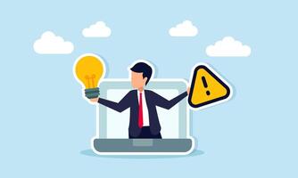 Businessman Emerging from Laptop Holding Exclamation Mark and Lightbulb Representing Caution in Applying Business Ideas vector