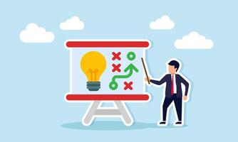 Businessman teaching with a pointer next to a board featuring a light and strategy path, illustration of strategies to enhance and optimize business ideas vector
