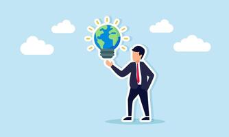 Businessman showing glowing globe lamp illustration of showing maximum and optimal performance of global business insight ideas vector