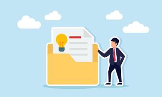 Businessman standing beside a folder with a light bulb symbol, illustration of documentation archive for applying business ideas and innovations vector