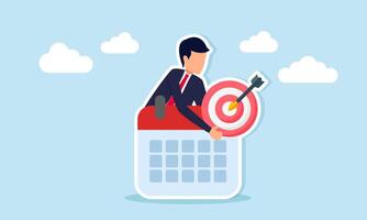 Businessman emerging from behind a schedule calendar holding a target board, illustration of designing and arranging a schedule to meet business targets vector