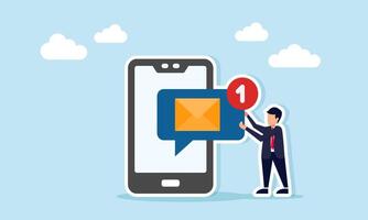 Businessman next to a smartphone holding a chat dialog labeled mail with a new notification, illustration of receiving a business partnership offer email vector
