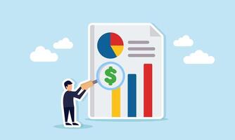 Businessman hold a magnify glass to examine a dollar sign on a report paper featur a pie chart and graph, illustration of monitor and analysis related to business financial performance vector
