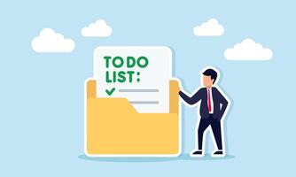 Businessman standing next to to do list folder illustration of business performance archive vector
