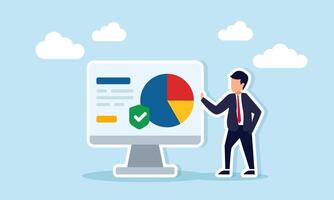 Businessman standing next to monitor displaying data pie chart and green checkmark shield illustration of validating and verifying profit-sharing agreement in business vector
