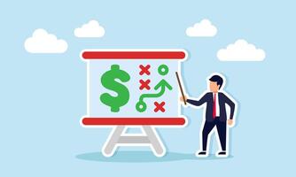 Businessman teaching with a pointer next to a board featuring a dollar sign and strategy path, illustration of strategies to improve business financial performance vector
