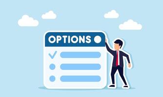 Businessman standing beside an app interface with OPTIONS written on it, illustration of choices and inputs related to business development and progress vector
