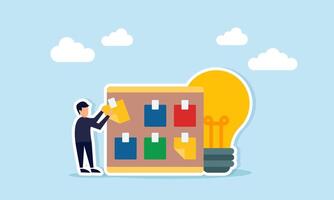 Businessman attaching a paper to a noteboard next to a lamp, illustration of noting down ideas and suggestions for business development vector