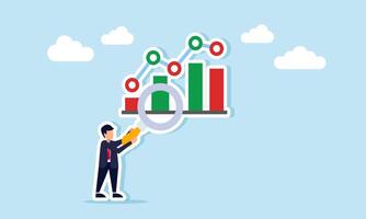 Businessman holding a magnifying glass to examine a graph and line chart, illustration of evaluating and analyzing financial performance, business resources vector