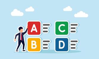 Businessman standing next to a multiple choice with ABCD letters, illustration of organizing mitigation or planning related to business strategy vector