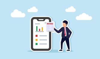 Businessman Holding Invoice Paper Beside Smartphone Displaying Sales Graph Illustrating Sales Analysis Through Issued Invoices vector