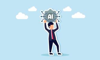 Businessman holding AI-labeled gear with robot system ornaments, illustration of AI collaboration with business world to create work efficiency vector