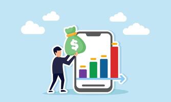 Businessman carrying a money bag next to a smartphone displaying a graph, illustration of improving financial performance in digital business vector