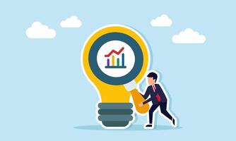 Businessman standing next to a lamp holding a magnifying glass observing a graphic, illustration of evaluating and analyzing business performance with business idea application vector