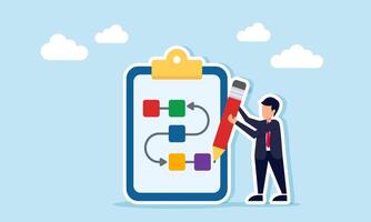 Businessman holding a pencil standing next to a paper work board with a flow chart or path, illustration of designing and organizing a strategy to complete a business project vector