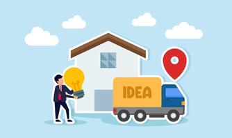 Businessman carrying a light bulb to be loaded onto a delivery truck labeled IDEA illustration of input or suggestion related to business idea strategy implementation vector