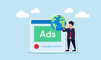 Businessman holding a globe next to an advertisement app interface, illustration of mass broadcast advertising on a global scale vector
