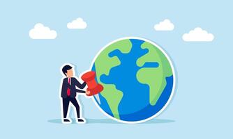 Businessman Holding Pin Beside Globe Representing Digital Business Location Setup to Facilitate Customer Finding Business Location vector