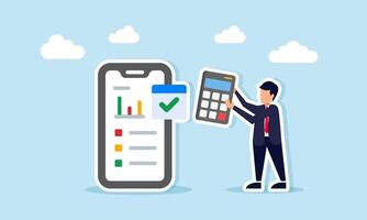 Businessman holding a calculator beside smartphone displaying data graph illustration of calculating business performance report vector