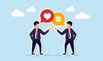 Two businessmen talking to each other with chat dialogs labeled with a love sign and hashtag sign, illustration of sharing about the importance of engagement rate or public attention vector