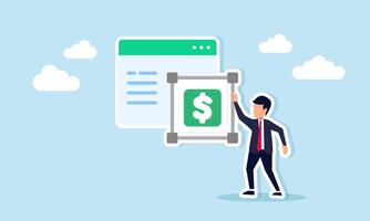Businessman standing next to a square dollar sign beside an application interface, illustration of designing a business financial management app vector