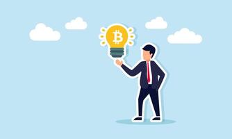 Businessman showing glowing bitcoin sign light illustrating presentation of business idea for bitcoin investment strategy vector