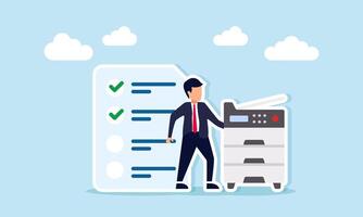 Businessman Standing Next to Photocopier and Document with Checkmark Representing Milestone in Printing and Media Business vector