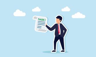 Businessman holding a task note illustration of learning procedures to complete business tasks vector