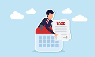 Businessman emerging from behind a schedule calendar holding a paper with task written on it, illustration of arranging a schedule to complete tasks vector