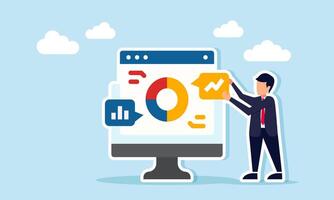 Businessman hold notes stand next to a monitor display an application interface with a pie chart and graph, illustration of prepare business or financial reports with graph visualization vector