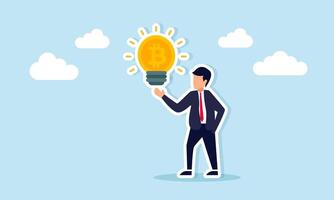 Businessman showing glowing bitcoin lamp illustration of showing maximum and optimal performance of bitcoin performance vector