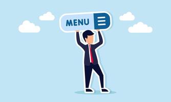 Businessman holding a sign with the word menu and a list, illustration of a call, persuasion, or campaign to check the menu list. vector