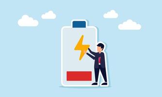 Businessman standing next to a low battery holding an electricity icon, illustration of the need to recharge resources for business and production or work systems vector