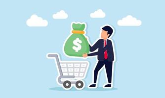 Businessman holding a money bag and intending to place it into a basket, illustration of finding the right business investor vector