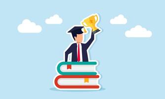 Businessman emerging from behind a stack of books wearing a graduation cap holding a trophy, illustration of success in analyzing or business literacy vector