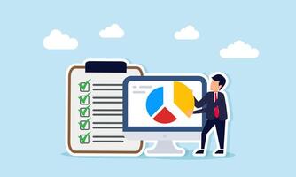 Businessman holding part of a pie chart from a monitor next to a checklist board illustration of calculation related to percentage of completed and ongoing projects vector