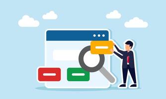Businessman standing next to an app interface and a magnifying glass holding a sign, illustration of searching for information related to competitors and business development vector