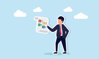 Businessman holding document with multiple choice options illustration of various business ideas and innovation schemes vector