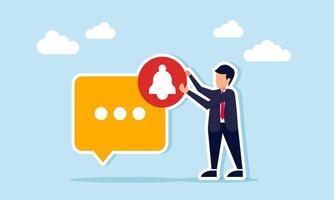 Businessman holding a notification sign standing next to a chat dialog, illustration of message related to business partnership offer vector