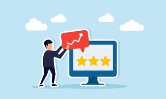 Businessman holding a check-marked chat dialog next to a monitor with three stars, illustration of improving quality aligned with better business performance vector