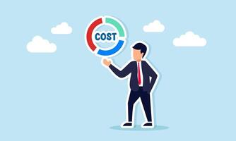 Businessman showing circle chart with COST text inside illustration of diversification classification or distribution of business expenses vector
