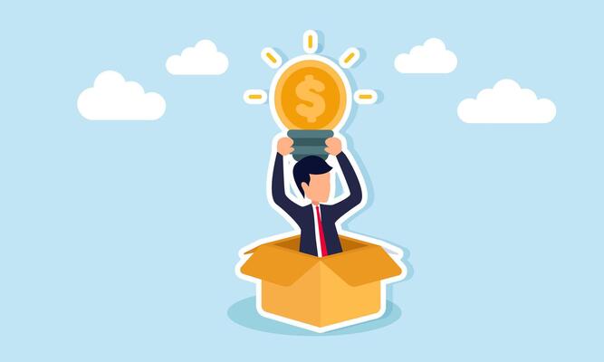 Businessman emerging from box holding glowing dollar coin light bulb illustration of surprising business finance management idea