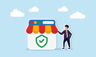 Businessman Standing Next to App Interface with Canopy Ornament and Green Checkmark Shield Representing Verified Seller in Marketplace vector