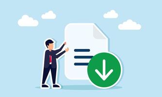 Businessman holding a document with a downward arrow, illustration of preparing documents to be downloaded as business file attachments vector