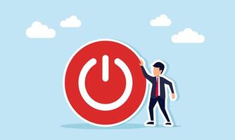 Businessman standing next to a shut down button, illustration of a company in a worrying state of closure and bankruptcy vector