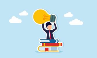 Businessman emerging from book stack holding light bulb illustrating importance of business literacy for idea and innovation development vector